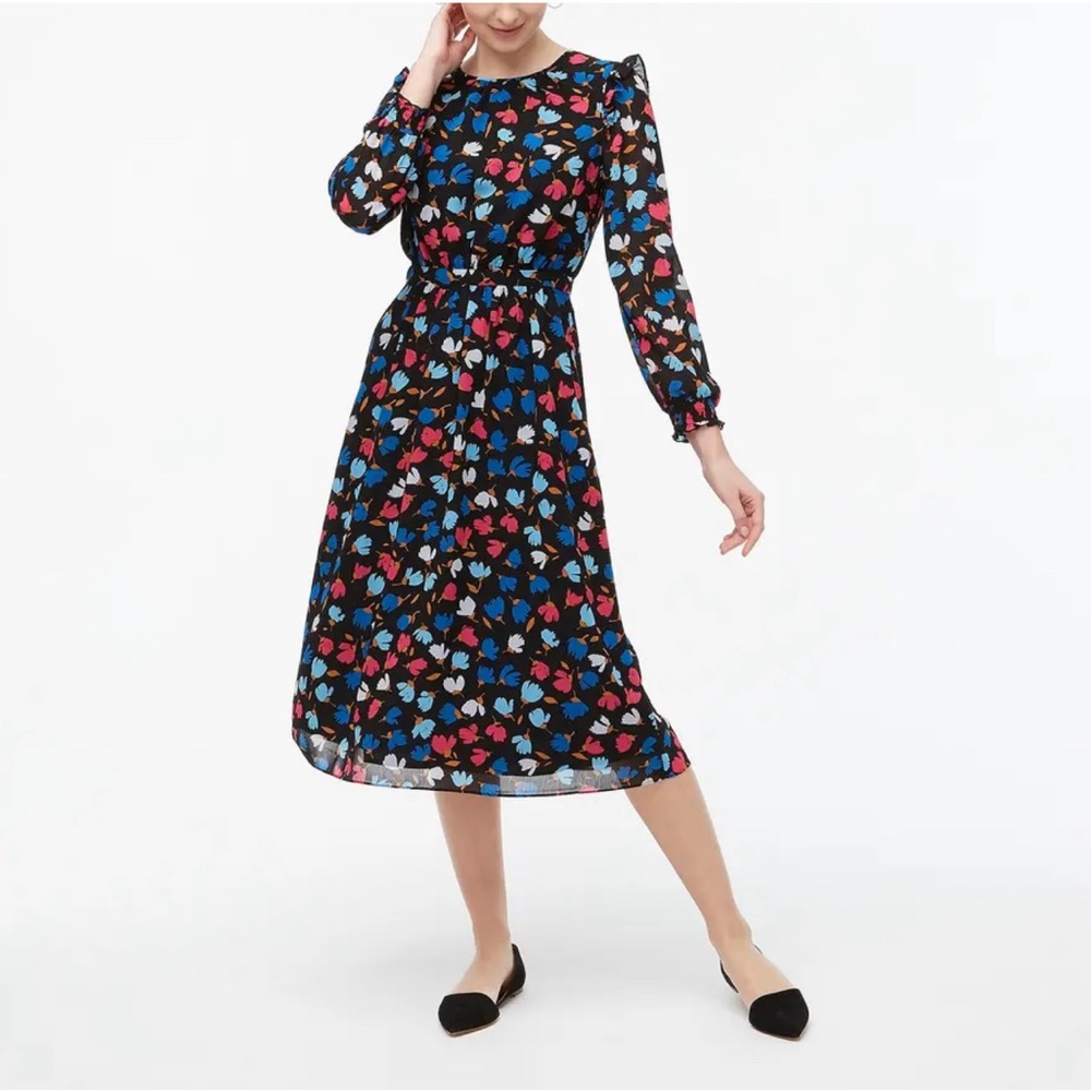 J. Crew Women's Ruffle Tiered Midi Dress, Black Floral Print, size 12
